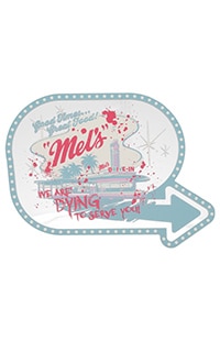 Halloween Horror Nights 2025 Mel's Die-In Mirrored Acrylic Sign